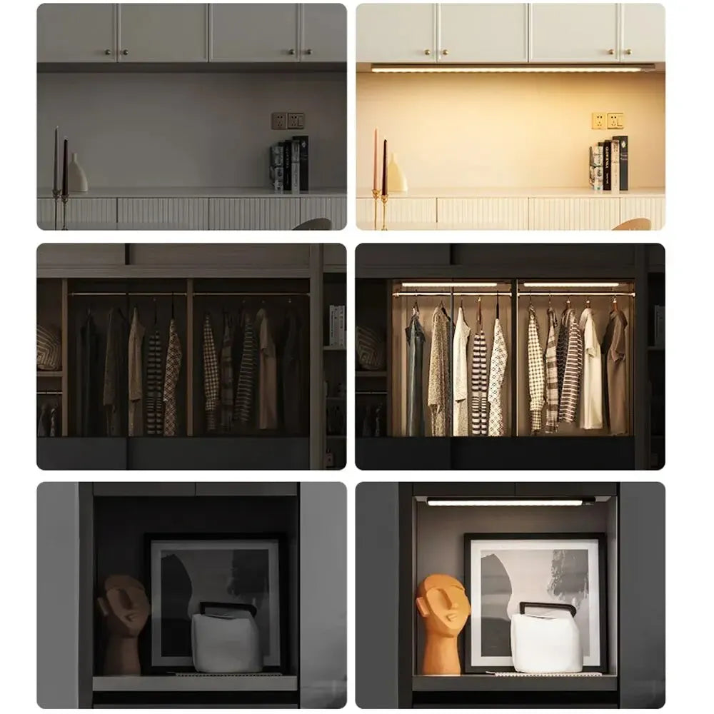 Collage of a modern wardrobe with clothes, shelves, and decorative items.