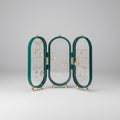 Green jewelry organizer with various types of jewelry on a green background