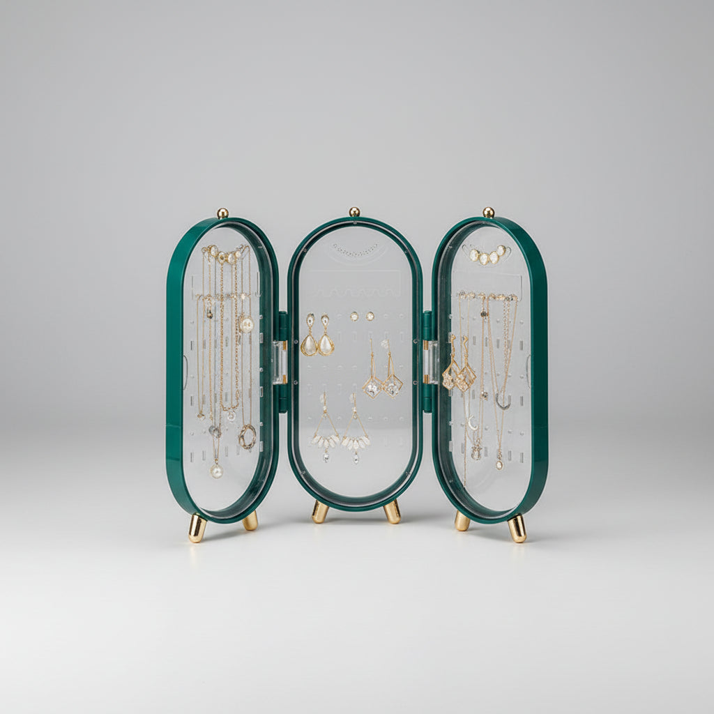 Green jewelry organizer with various types of jewelry on a green background