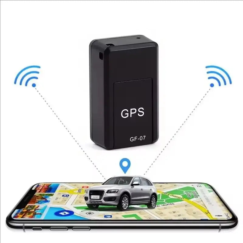 Mini GPS tracker with smartphone displaying a map and vehicle, on a white background