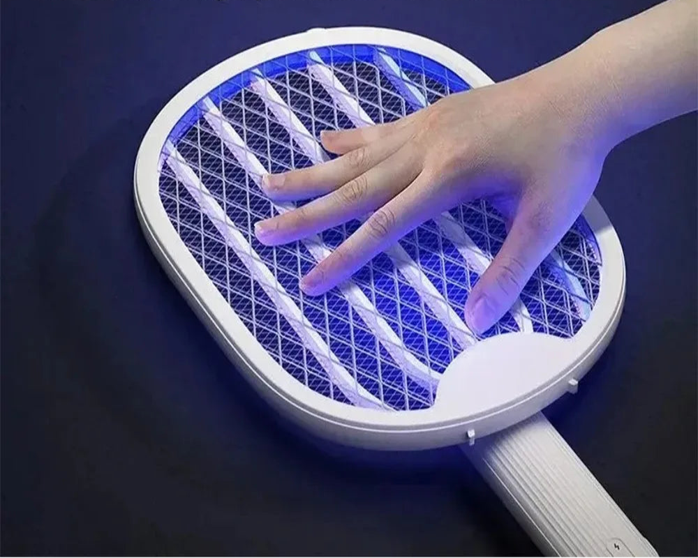 Handheld electronic device with blue light on a dark background, text about safety features.