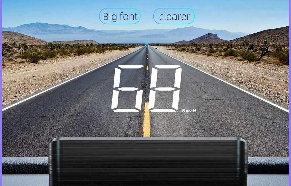 M2 GPS Head-up Display on a car dashboard with a desert road background