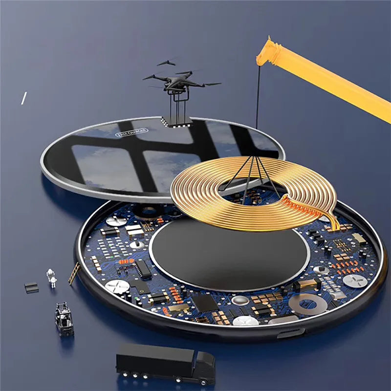 Electronic device with circuit board and wireless charging coil on a blue background