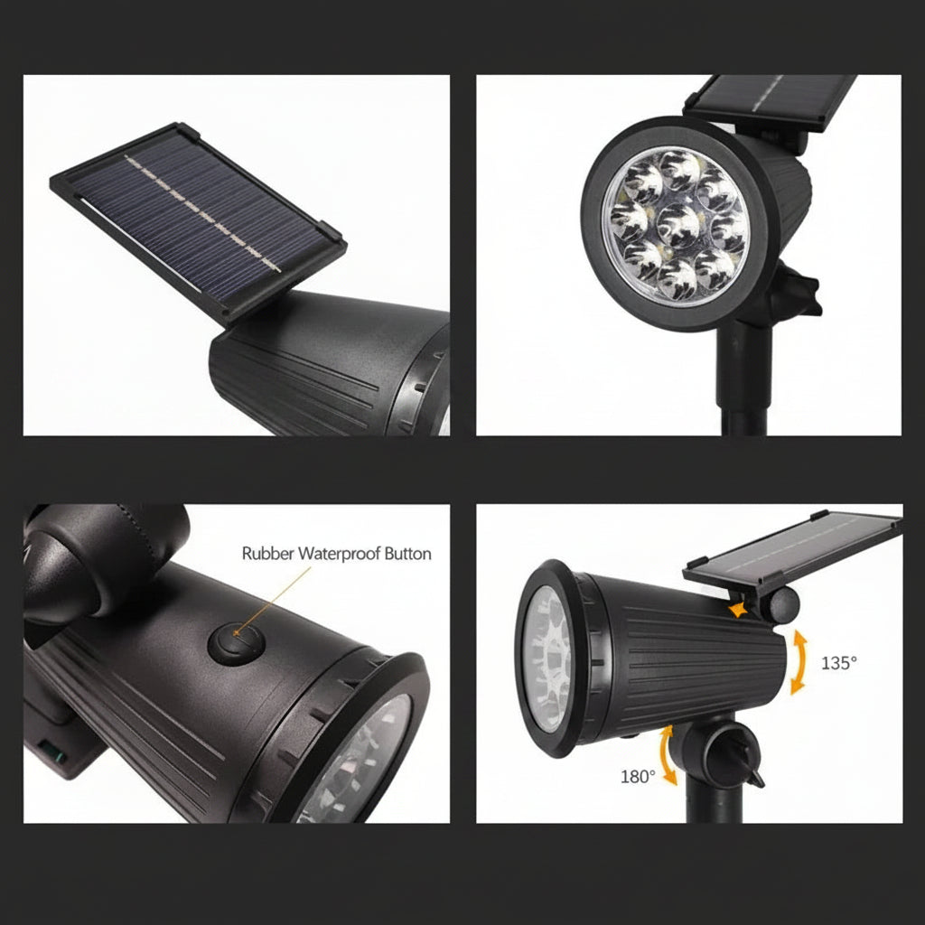 Solar-powered outdoor light with features highlighted on a white background