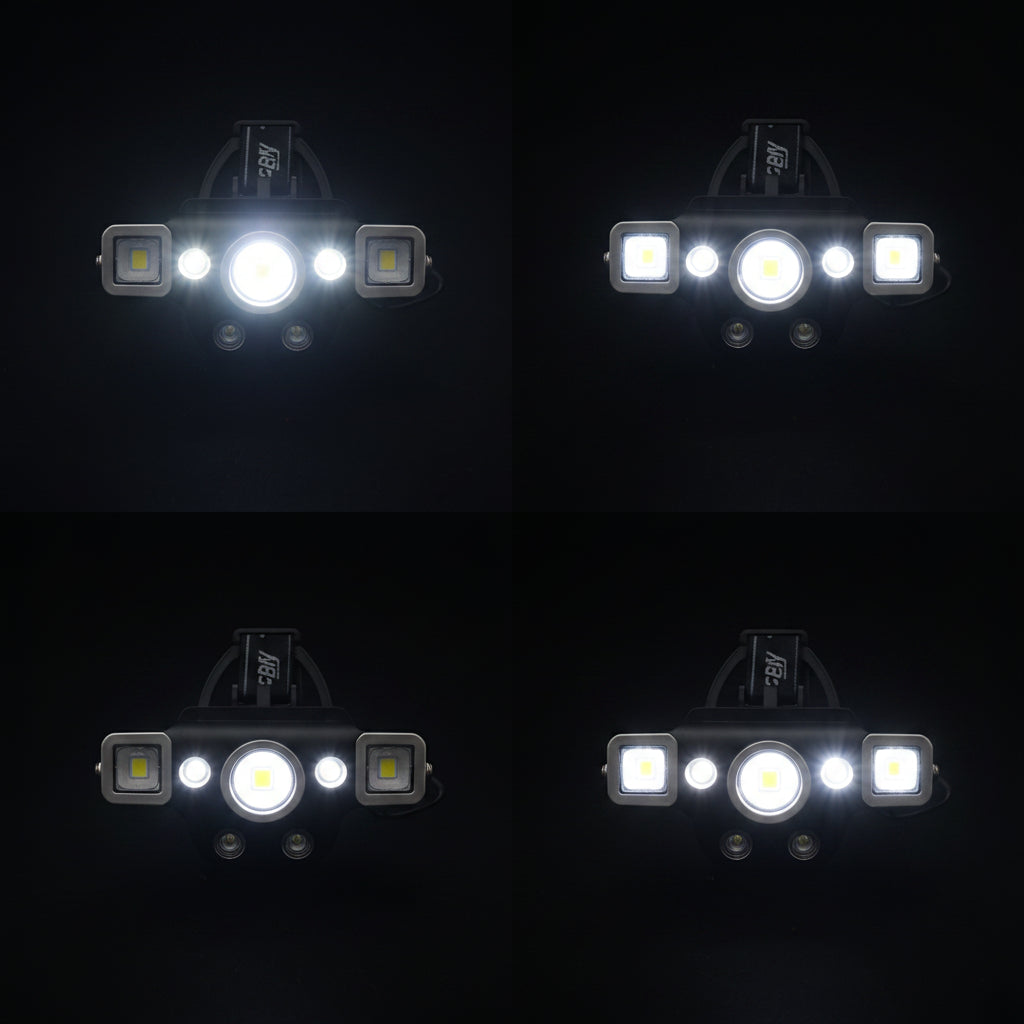 Four different configurations of a four-stop light source with labeled states on a black background.
