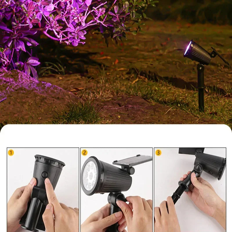 Garden lighting product with installation steps shown on a white background