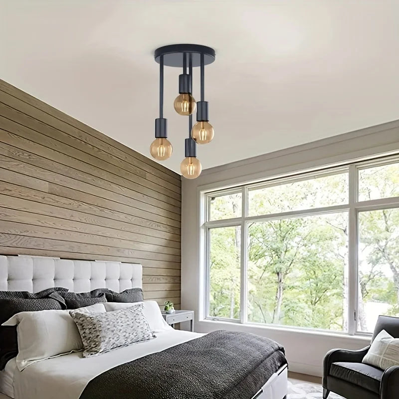 Modern bedroom with wooden wall, bed, and ceiling light fixture.
