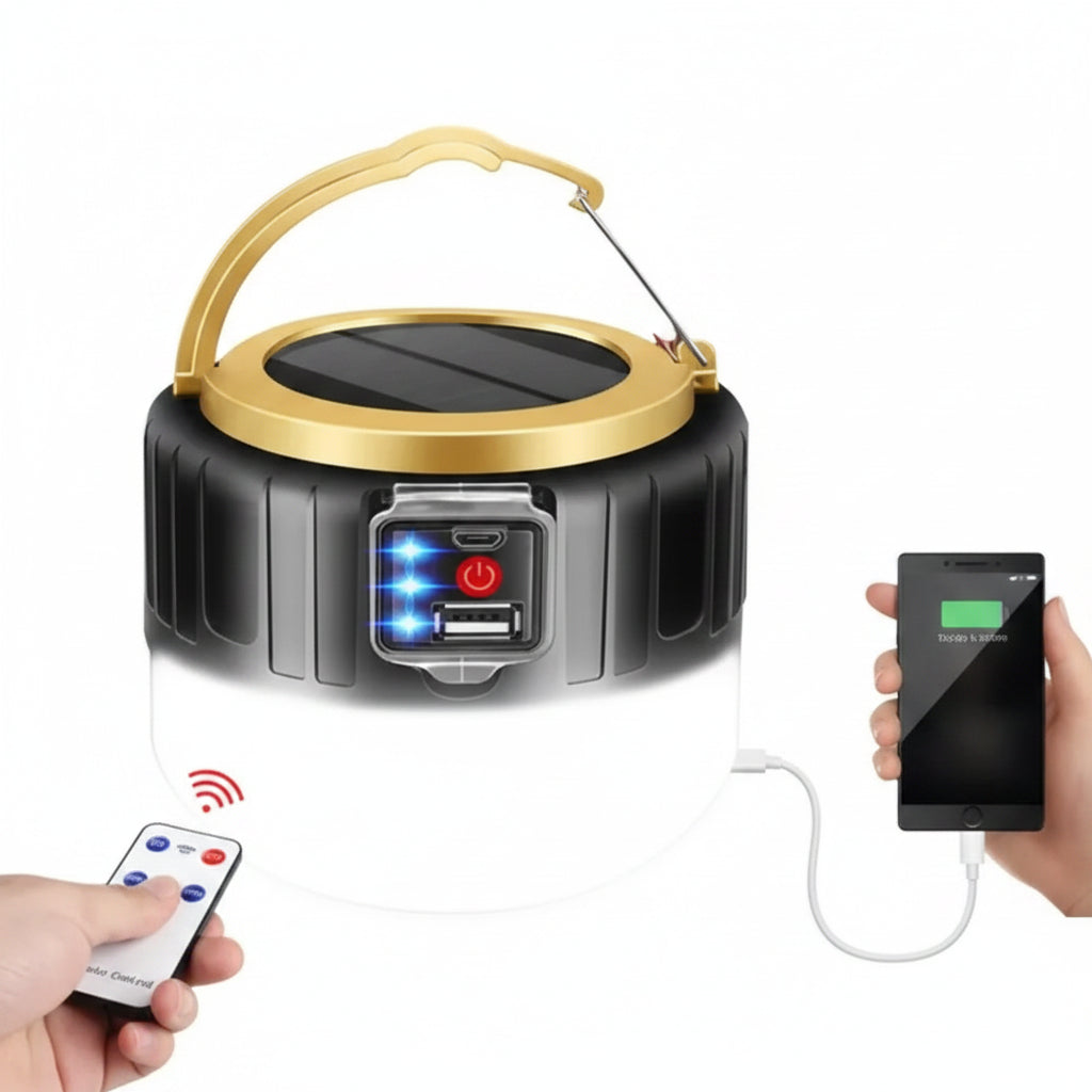 Solar-powered lantern with remote control and charging capabilities, featuring text on battery life and features.