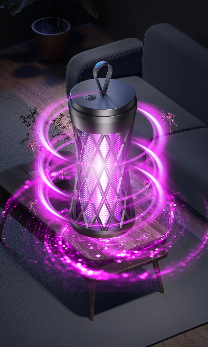 Mosquito control device with pink light effects on a dark background