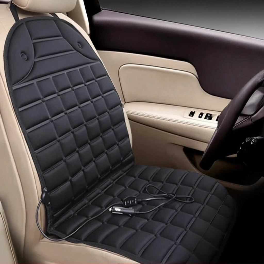 Black car seat cover with heating function on a beige car interior.