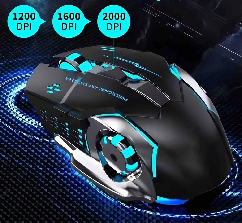 Gaming mouse with adjustable DPI options on a dark background