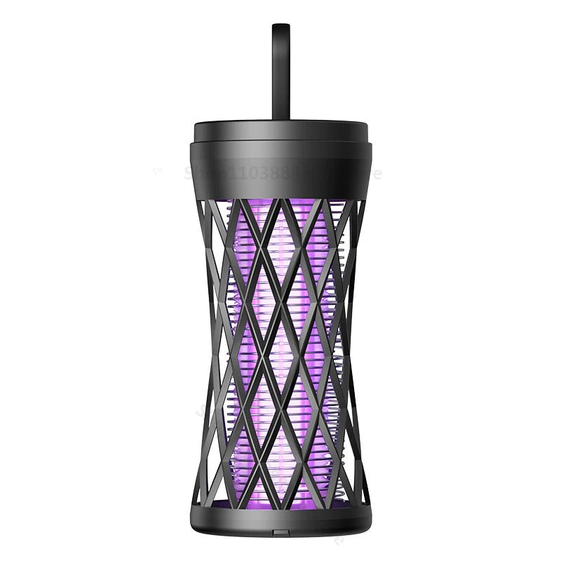 Black electric mosquito killer with purple interior on a white background
