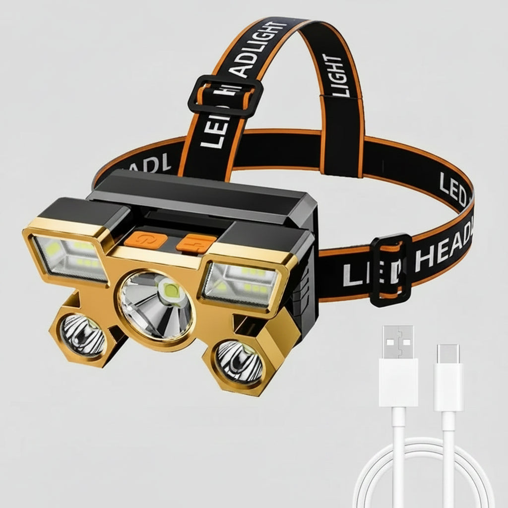 LED headlight with USB cable on a white background