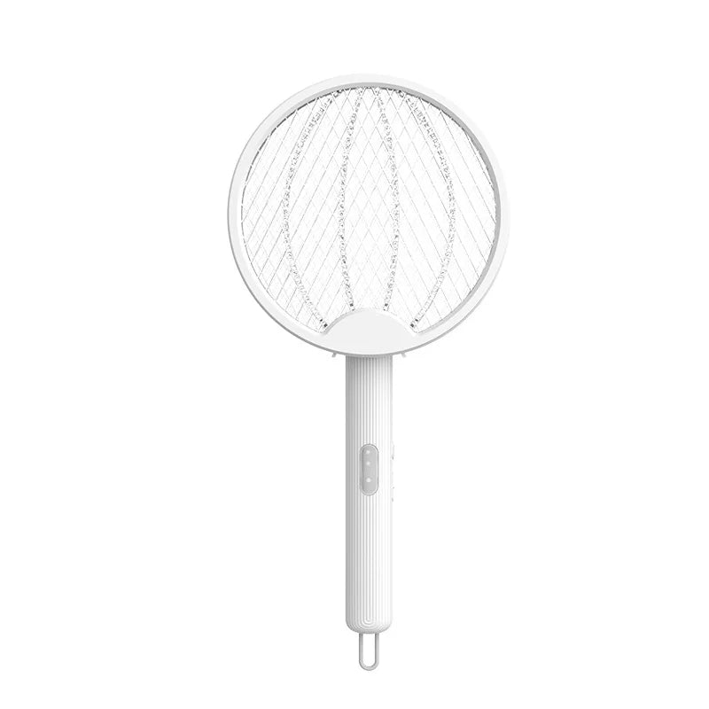 A white electric mosquito swatter with a circular mesh head and a slim handle, shown against a solid white background.