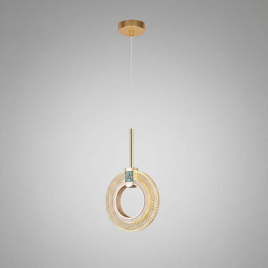Gold pendant light with measurements on a black background