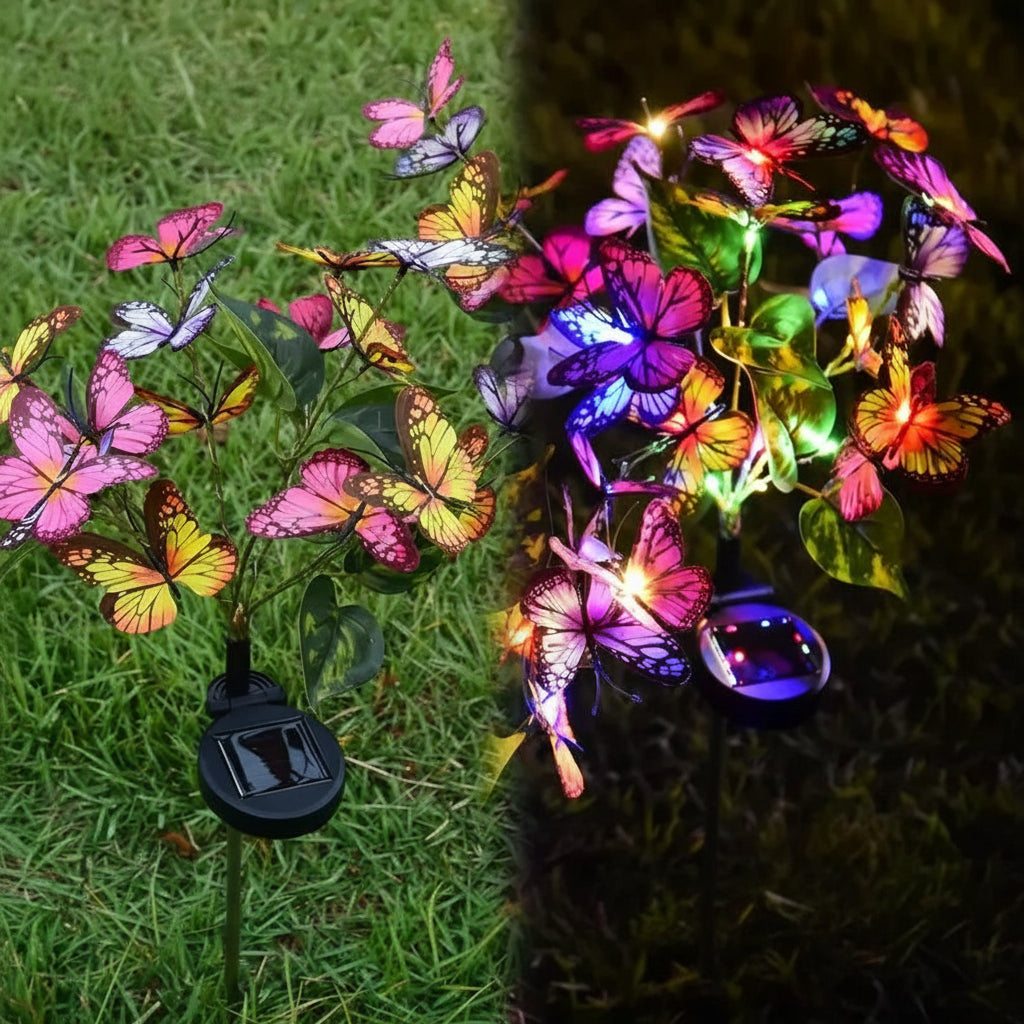 Solar butterfly LED garden lamp – colourful light effect outdoors