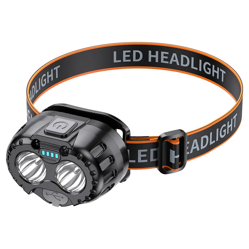 Black LED headlight with orange and gray strap on a white background