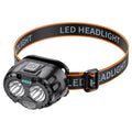 Black LED headlight with orange and gray strap on a white background