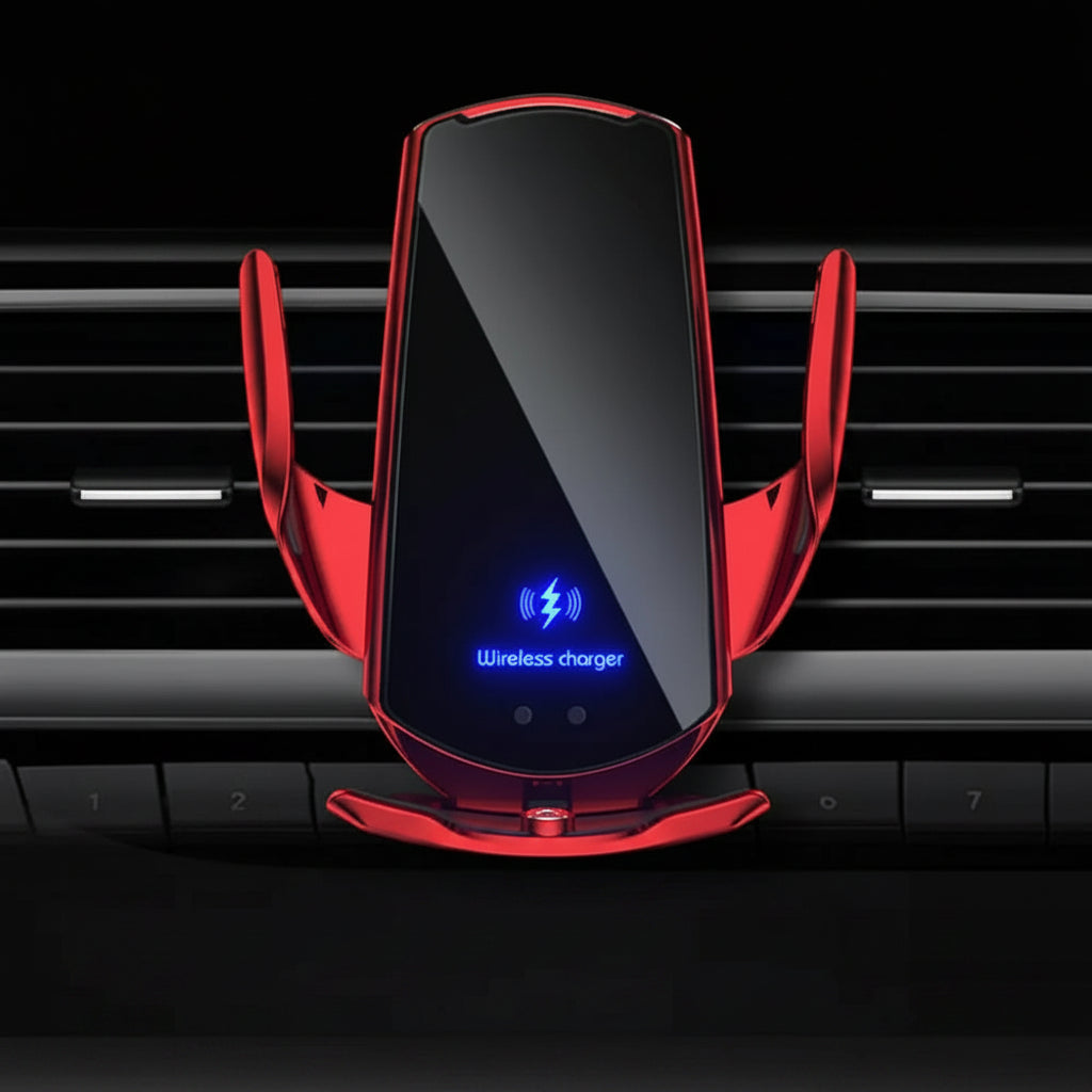 Smart Auto-Clamping Wireless Car Charger Mount in Red – 15W Fast Charging