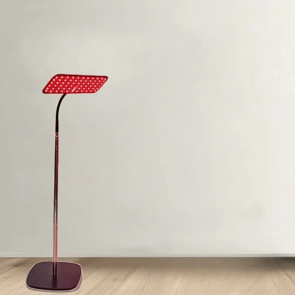 Red light therapy device with text explaining its functions on a white background