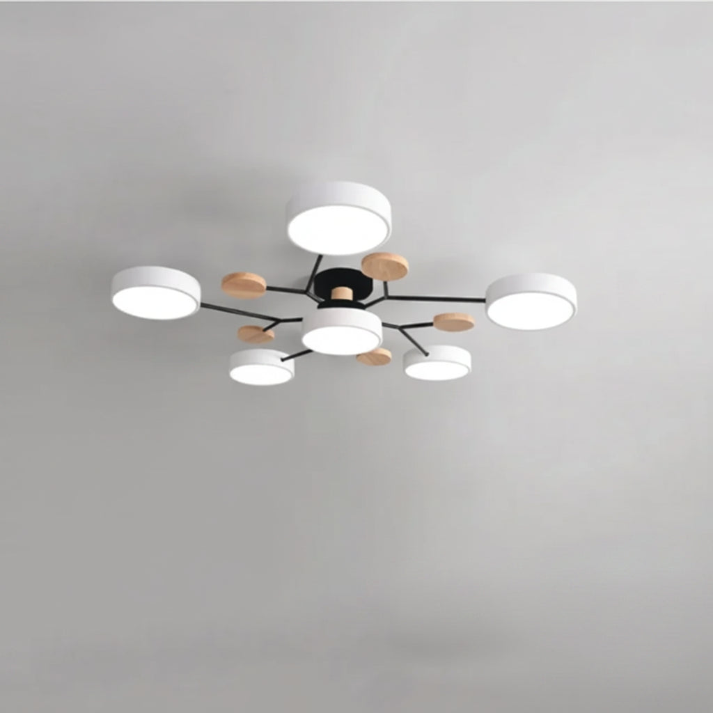 Modern ceiling light fixture with dimensions and specifications on a gray background