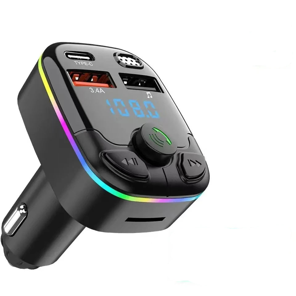 Car charger with dual USB ports and Type-C connection on a white background