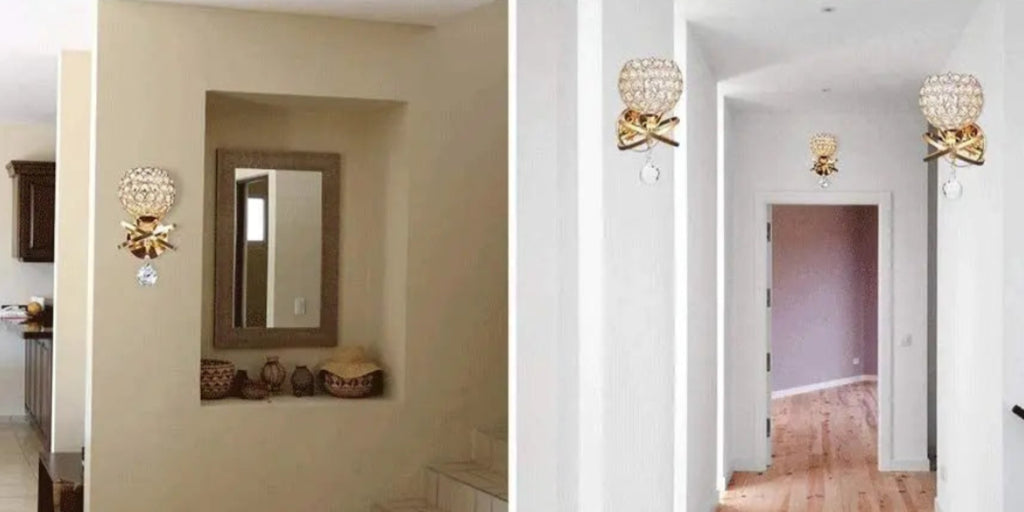 Collage of interior design elements including a bedroom, living room, hallway, and kitchen.