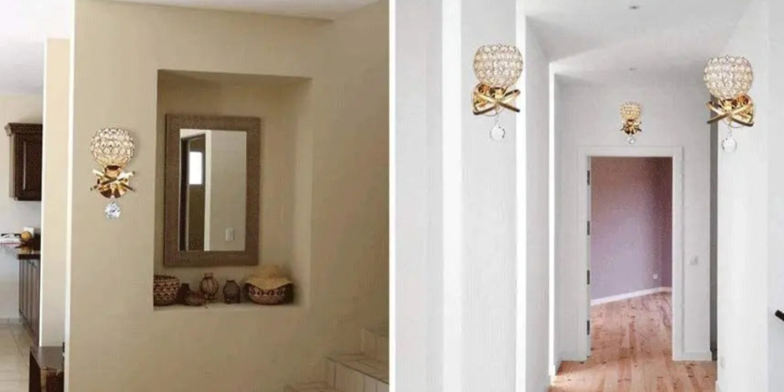 Collage of interior design elements including a bedroom, living room, hallway, and kitchen.