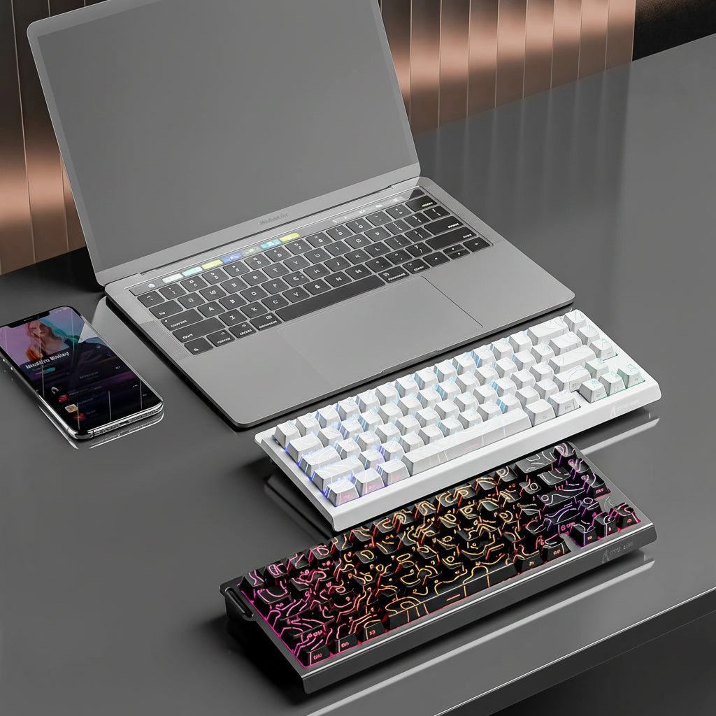Keyboard with 8KHz text and laptop on a reflective surface