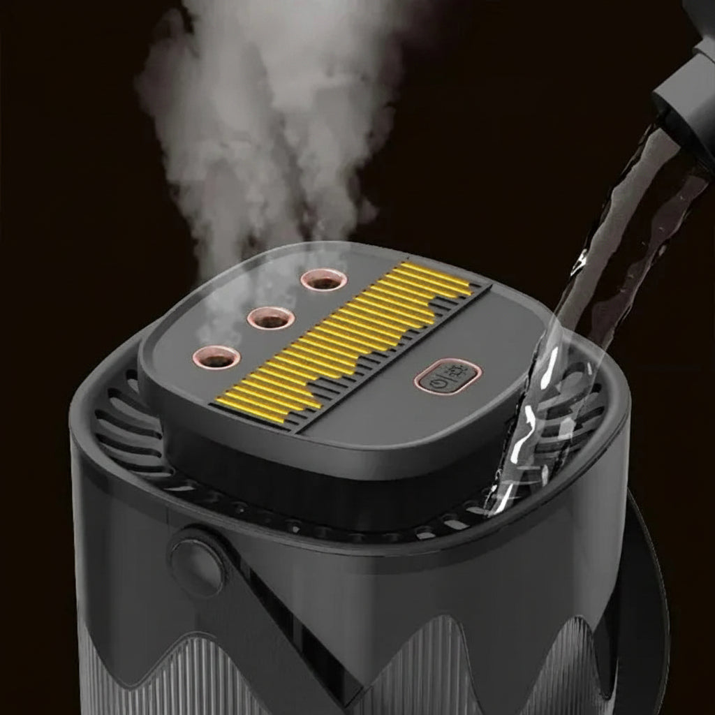 Black humidifier with steam emerging, featuring text about water addition method.