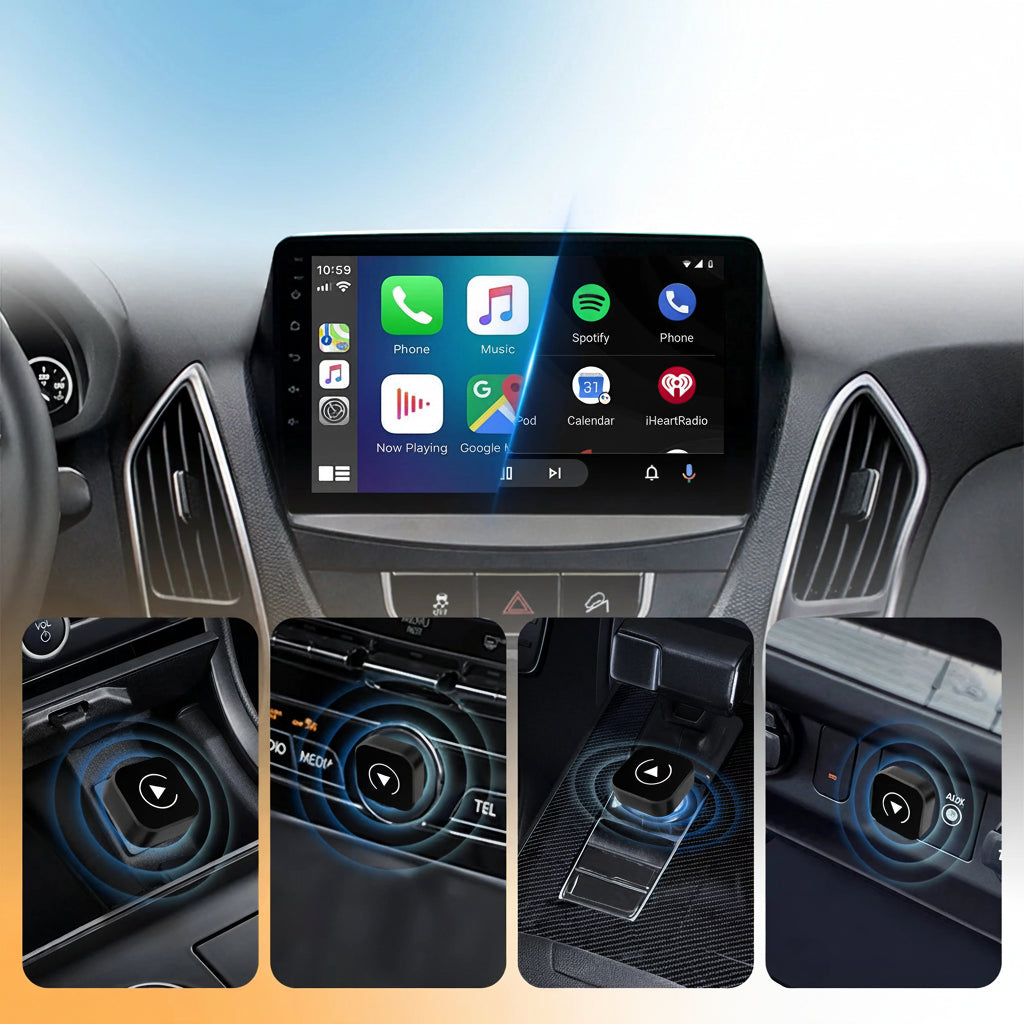 Car dashboard with a touchscreen display and various controls after installation