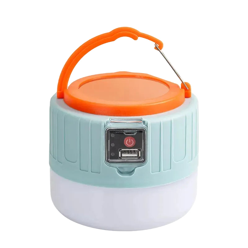 Portable camping lantern with orange top and light blue body on a white background, featuring the E-Smarter brand.