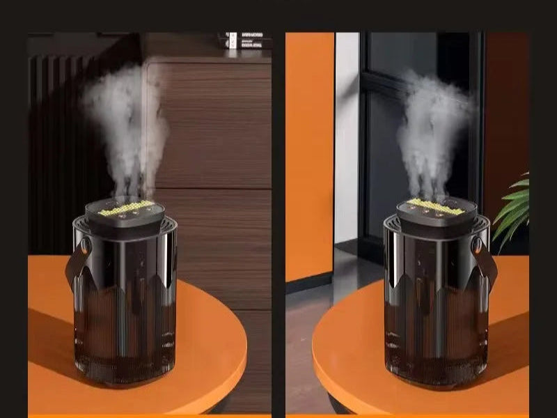 Black humidifier emitting steam on an orange surface with a wooden cabinet in the background.