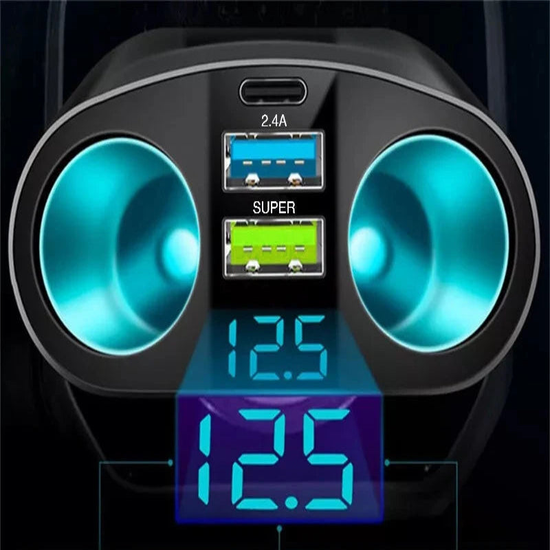 Car voltage monitor with digital display and dual USB ports on a dark background