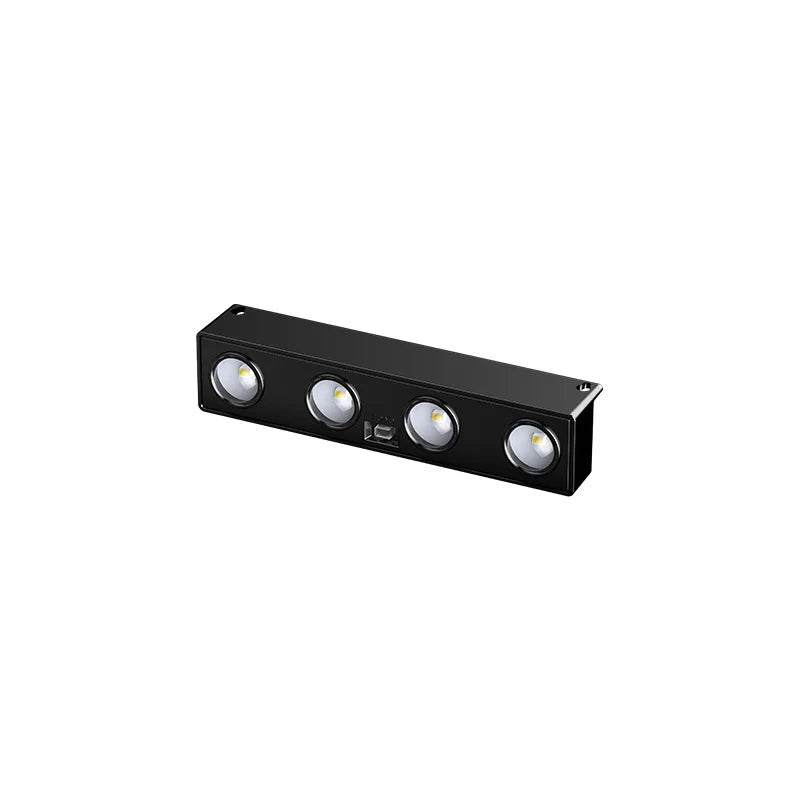 Black rectangular light fixture with four visible lights on a white background