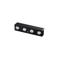 Black rectangular light fixture with four visible lights on a white background