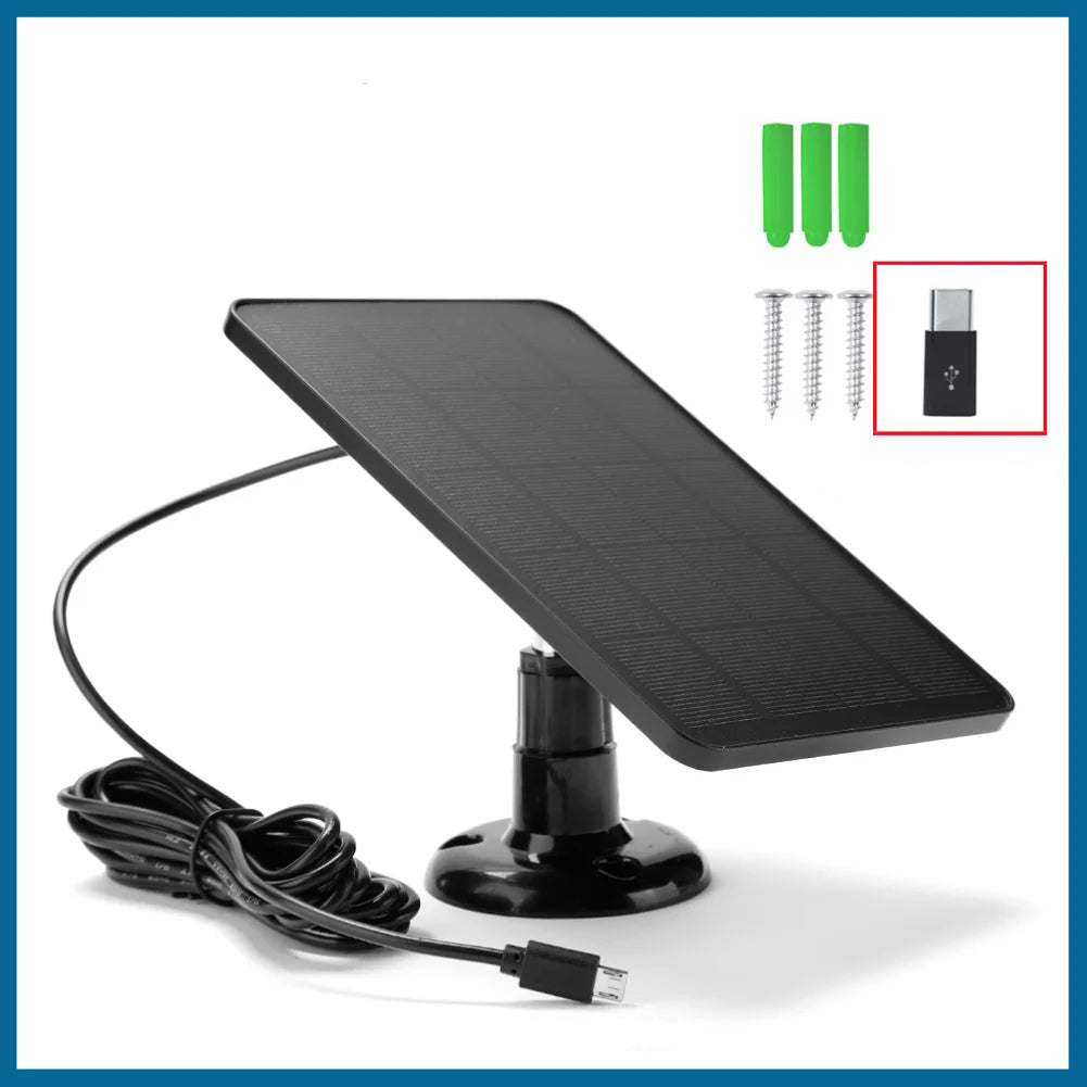 10W 5V solar panel with Type-C adapter, micro USB cable, and screws on a white background.