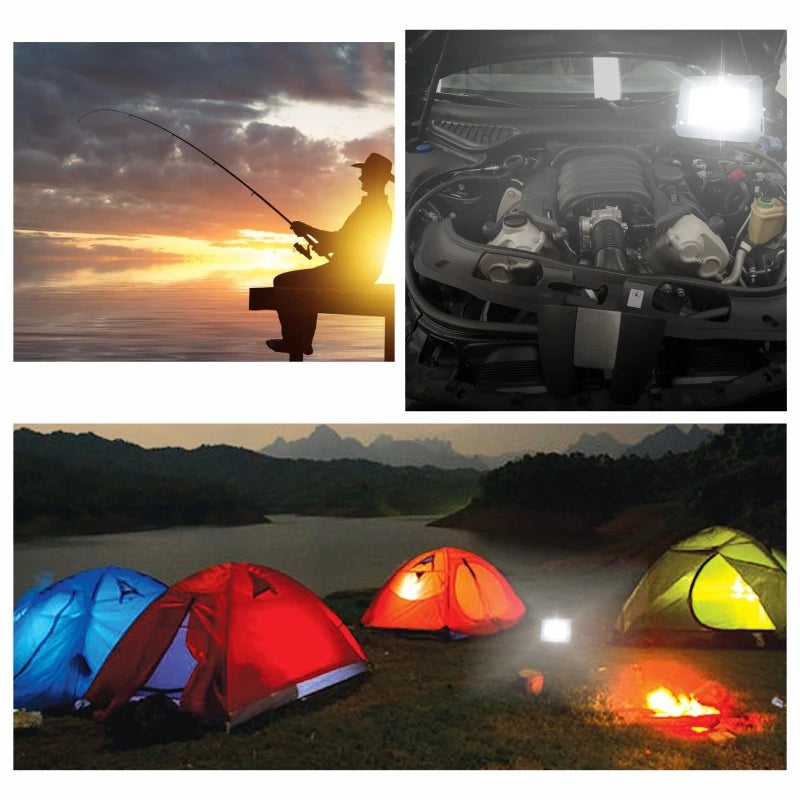 Top left: Person fishing at sunset, top right: Car engine under hood, bottom: Tents and campfire at night.