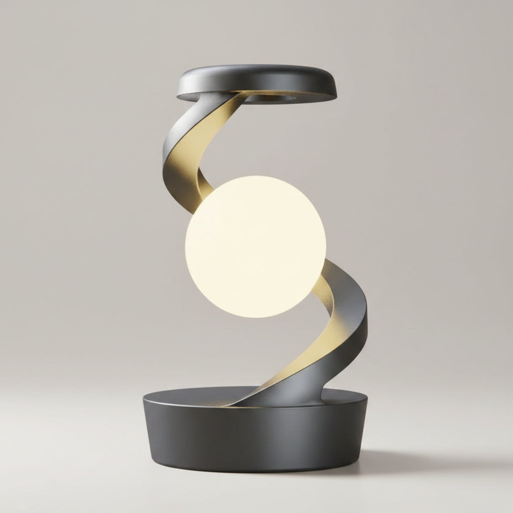 A modern spiral LED night light and wireless charger with a matte black base and a metallic gold and silver twisted design, featuring a glowing white circular light. 