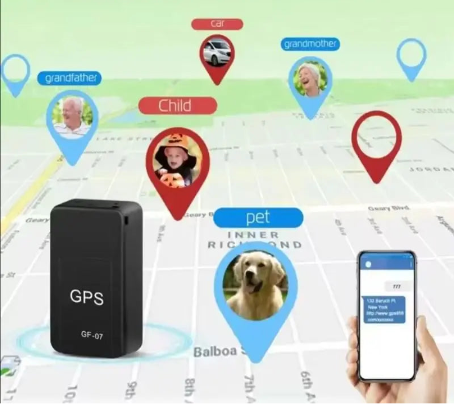 GPS tracker with map showing location tracking of a child, car, grandmother, and pet.