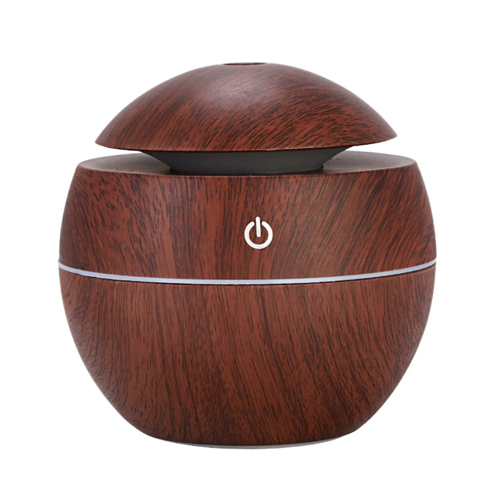 Wooden-textured humidifier with power symbol on a white background