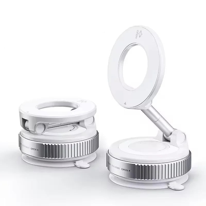 Strong magnetic car phone holder with 'Elegant White' text on a white background