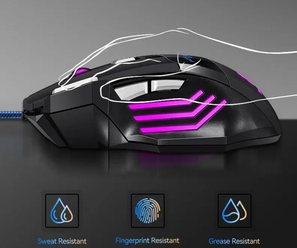 Gaming mouse with ergonomic design and highlighted features on a dark background