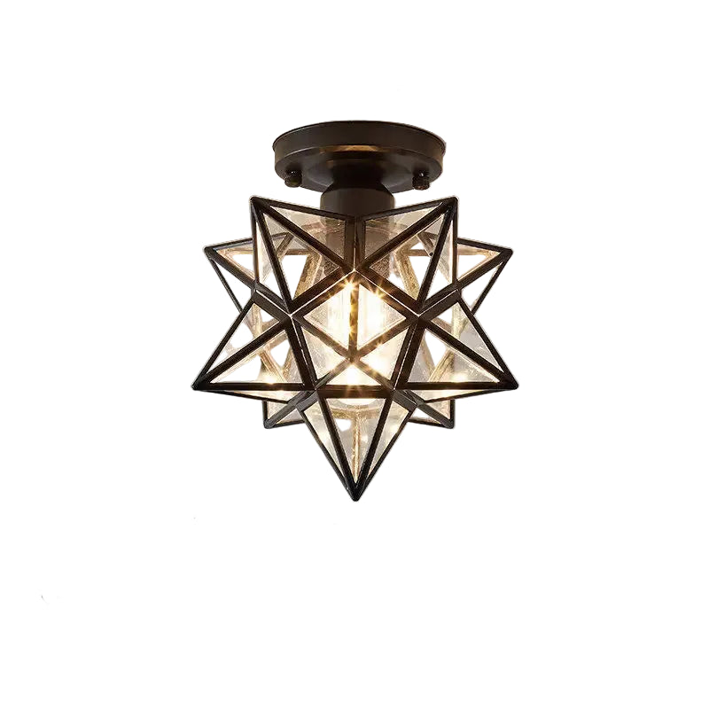 Ceiling light fixture with geometric design and dimensions on a gray background