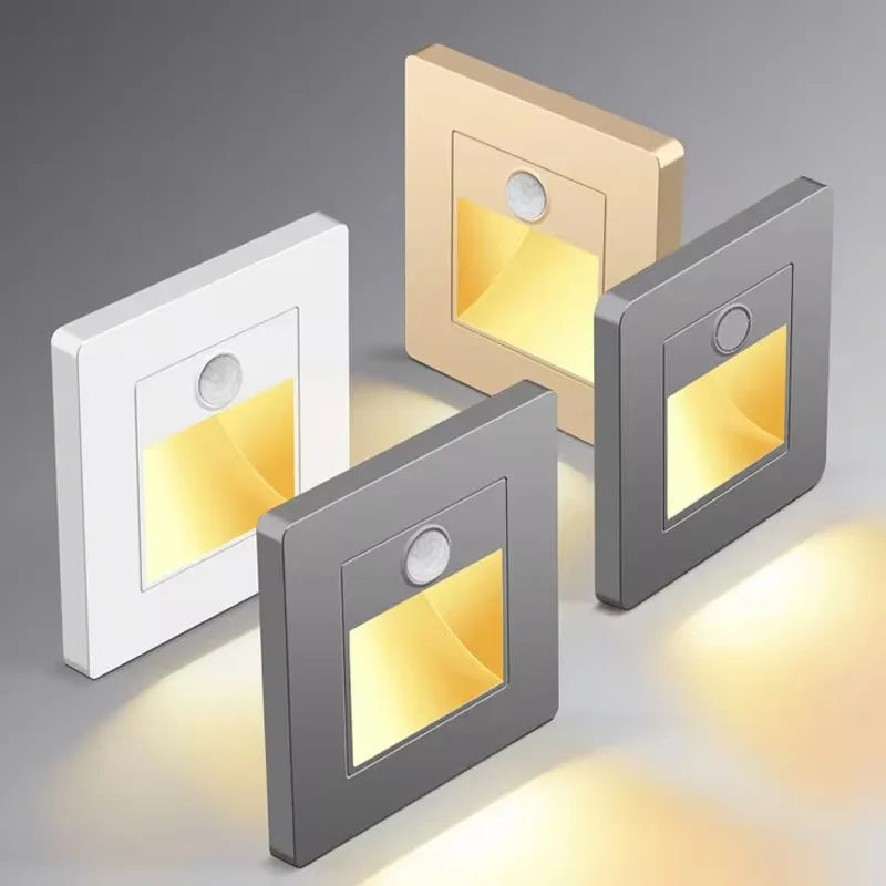 Three square LED lights in white, gold, and gray on a gray background