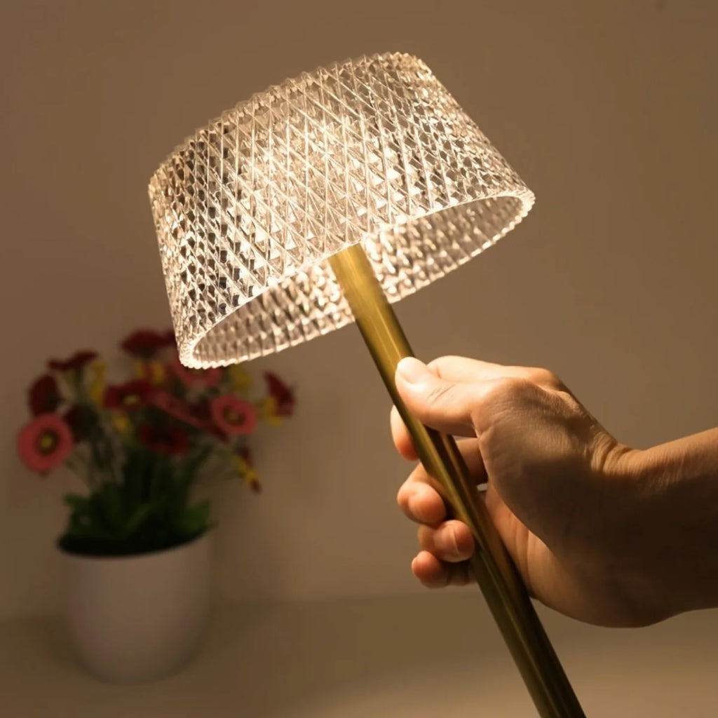 Hand holding a textured lampshade with a blurred plant in the background