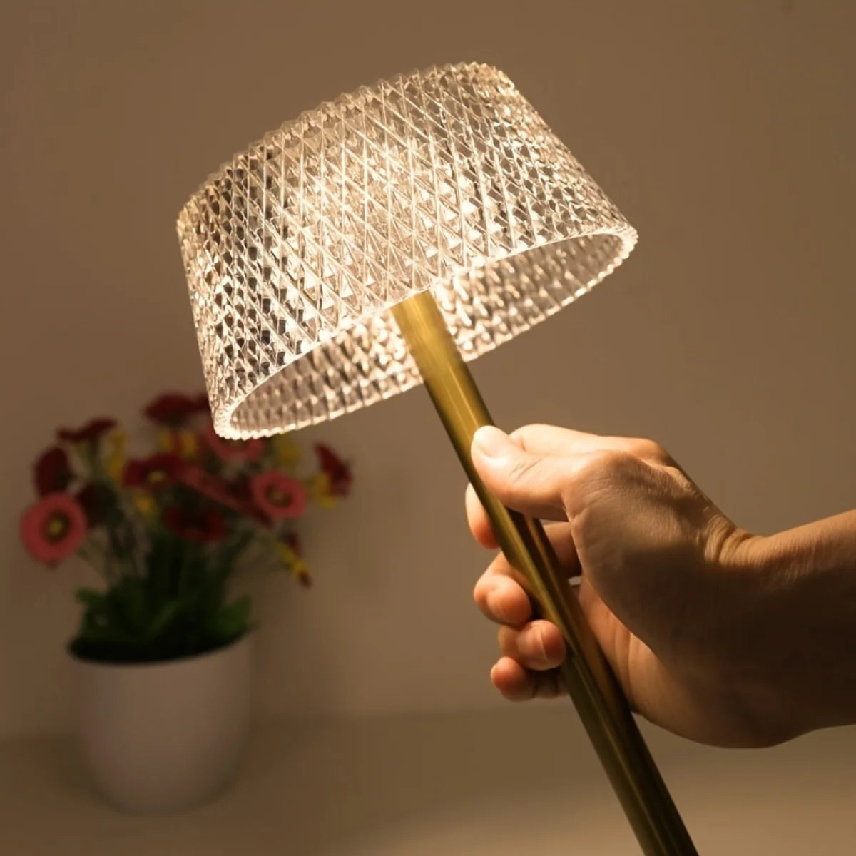 Hand holding a textured lampshade with a blurred plant in the background