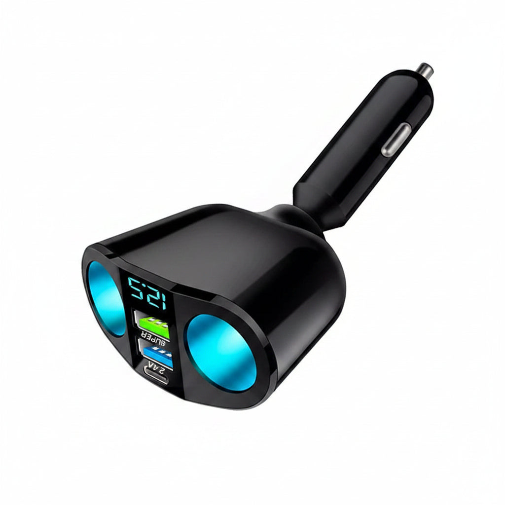 Car charger socket with dual USB ports and digital display on a white background