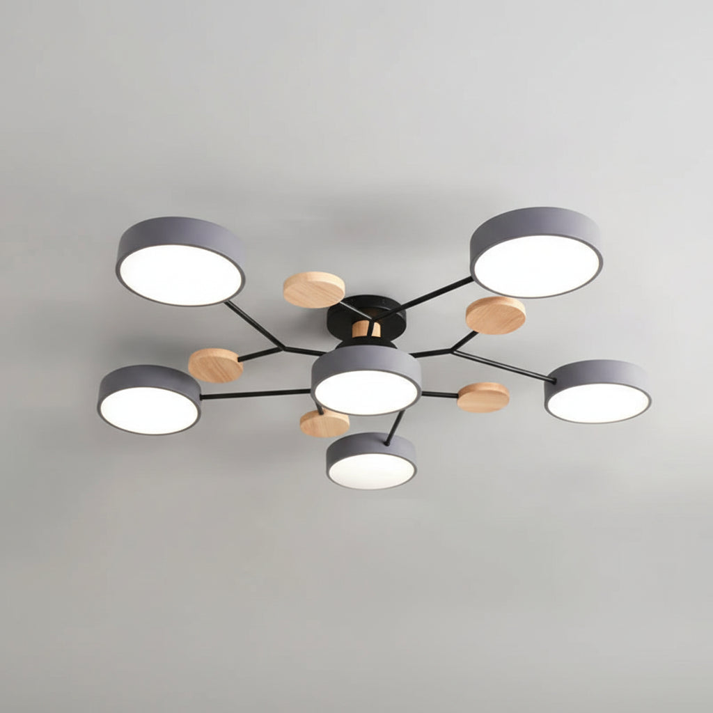 Modern chandelier with dimensions and specifications on a gray background
