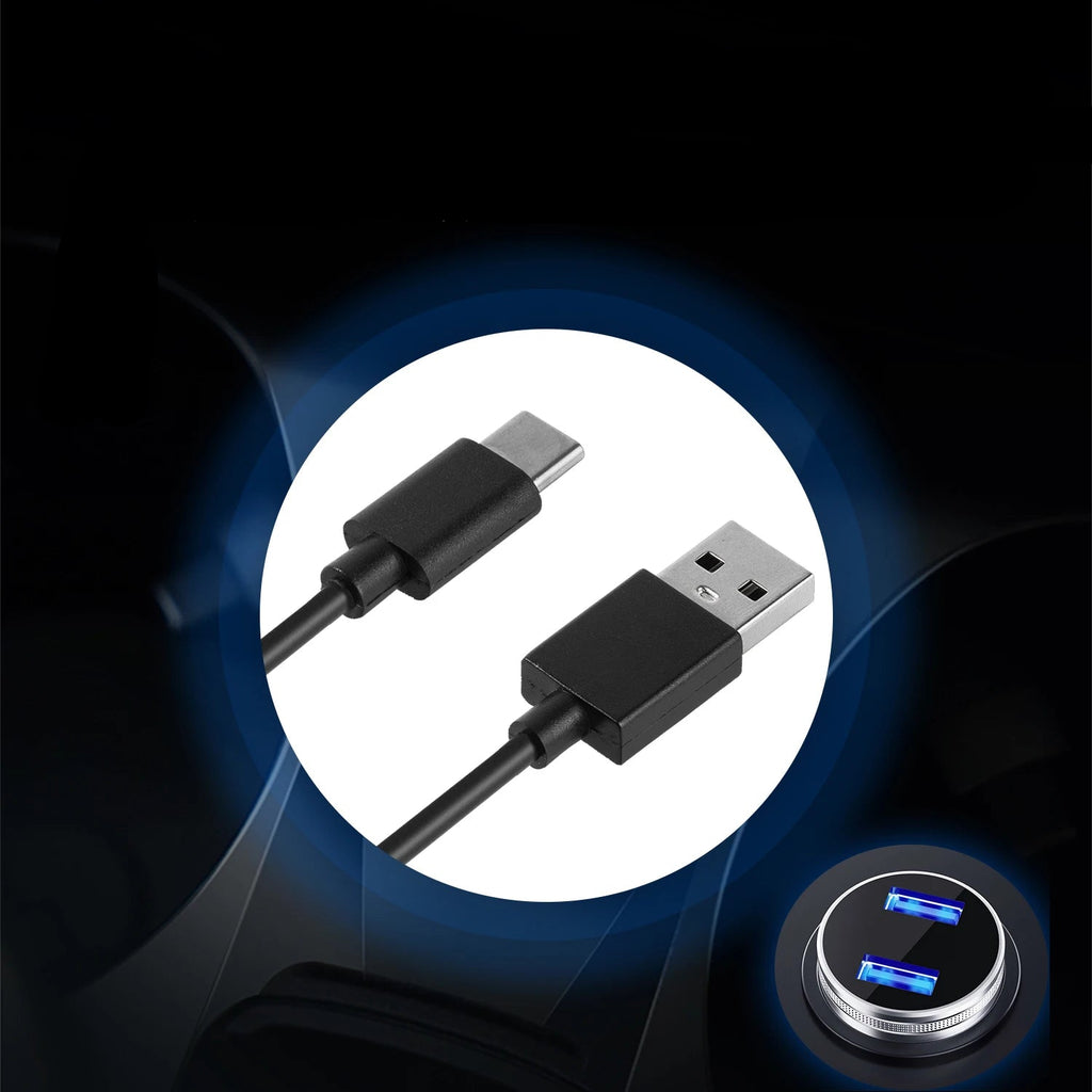 Security USB power supply with cable and car charger adapter on a dark background
